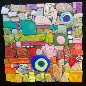 Handmade Clay Mosaic Art “Friends ” Polymer Clay Original On Wood  8”x8”OOAK